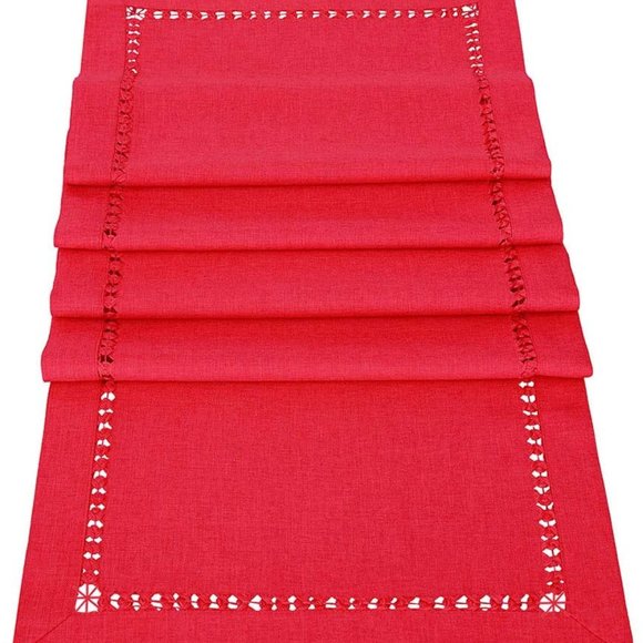 Handmade Hemstitched Red Table Runner, 14"x90" - Picture 4 of 5